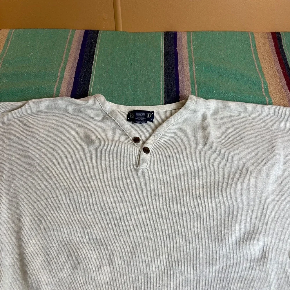 Lands End Henley Sweater Mens L Gray Cotton Ribbed Knit Made in USA Vintage